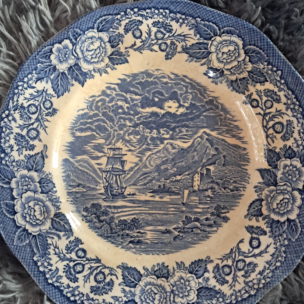 Vintage Blue and Cream Scenic Dinner Plate
